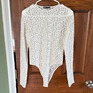 Zara White Lace Long Sleeve Bodysuit